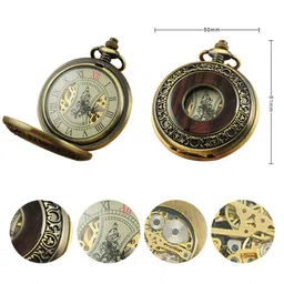 vigoroso Men's Vintage Wood Grain Hollow Selfwind Steampunk Chain Mechanical Pocket Watch Gift Box image 5