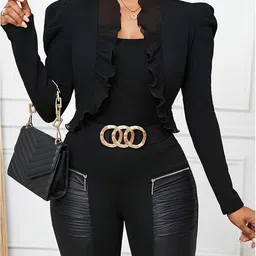 vratika Women's Open Front Ruffle Trim Jacket Puff Sleeve Crop Work Office Blazer Outerwear | Women Jacket Style Full Sleeves Shrug | Women's Koti image 2