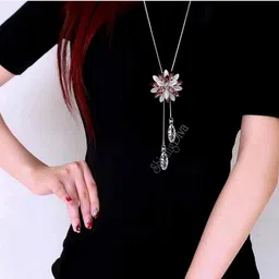 shining diva fashion Stylish Crystal Flower Silver Plated Long Chain Pendant Necklace for Women image 5