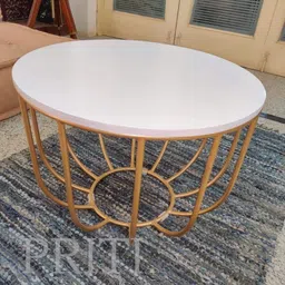 Priti -Round Coffee and Side Accent End Table for Living Room with Metal & Engineered Wood Tabletop and Metal Frame Gold Powder Coated-White-Gold image 2