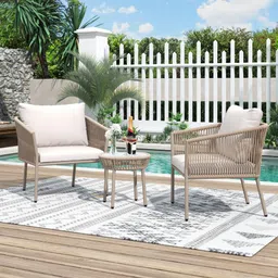 brishi Garden Patio Seating Chair and Table Set Outdoor Balcony Garden Coffee Table Set Furniture with 1 Table and 2 Chairs Set with Cushion (Beige-White) image 2