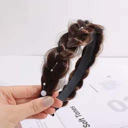 apsambr 1pcs Synthetic Hair Braided Headband Pearls Wide Plaited Braids Hair Band Stretchy Hairpiece for Women and Girls image 2