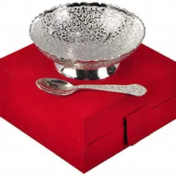 craze crafts Well Improved German Silver Single Bowl With Royal Velvet Box -2 Pieces Set Design-5, 100 ml image 1