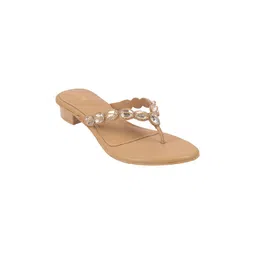 mochi Women's Faux Leather Stone Embellished Low Heel Party Ethnic Chappal image 3