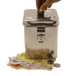 RSINC Stainless Steel Large Coin Box | Antique Piggy Bank & Money Organizer | Secure Coin Collection Box & Money Saver | Multi-Use Storage | Elegant Silver Gullak for Coins & Savings | Pc-1 O image 3