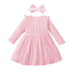 hopscotch Girl's Polyester And Spandex Bow Applique Full-Sleeve Knee-Length Casual Dress With Headband In Pink Color image 2