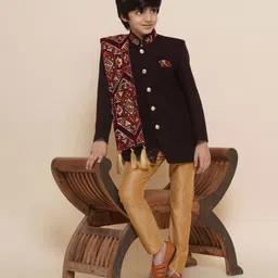 AJ Dezines Full Sleeves Ethnic Floral Block Designed & Sequin Embellished Coordinating Sherwani & Dupatta Set - Maroon-picture-23