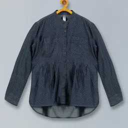 Kiddopanti Full Sleeves All over Dobby Work Embellished Pleated Top High Low Top - Blue-picture-21