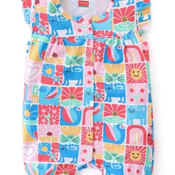Babyhug 100% Cotton Knit Half Sleeves Romper With Kitten Print - Multicolour-image-74