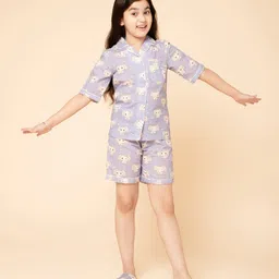 Piccolo Cotton Woven Half Sleeves Elephant Night Suit - Lavender-image-19