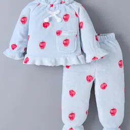Kookie Kids Full Sleeves Winter Night Suit With Fruit Print & Bow Applique - Light Blue-picture-10