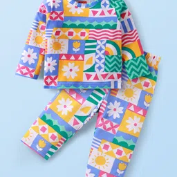 Babyhug Cotton Woven Full Sleeves Floral Printed Night Suit - Grey Blue & Yellow-picture-33