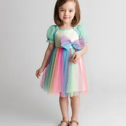 Bonfino Woven Puffed Sleeves Flare Rainbow Mesh Partywear Dress with Bow Applique - Light Blue Plum & Pink-picture-23