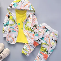 Googo Gaaga Cotton Full Sleeves Dinosaurs Printed Coordinating Hooded Jacket & Joggers With Inner Tee Set - White-picture-16