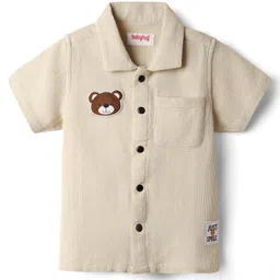 Babyhug Cotton Woven Half Sleeves Resort Collar Solid Shirt With Teddy Bear Patch - Cream-picture-30