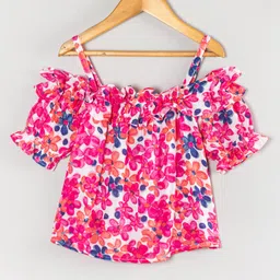 Hugsntugs Woven Cotton Cold Shoulder Floral Printed Top - Pink-image-8