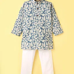 Ridokidz Full Sleeves Leaves Printed Kurta Pyjama Set - Blue & White-picture-16