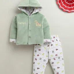 BUMZEE Cotton Blend Knit Full Sleeves Animal Embroidered Hooded Shirt & Pants Set - Green & White-picture-28