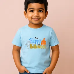 BLUSHES 100% Cotton Knit Halloween Theme Half Sleeves Happy Halloween Text Printed Tee - Aqua Blue-picture-18
