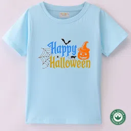 BLUSHES 100% Cotton Knit Halloween Theme Half Sleeves Happy Halloween Text Printed Tee - Aqua Blue image 3