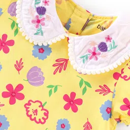 Babyoye Cotton Blend Knit Half Sleeves Top with Peter Pan Collar Floral Print- Yellow image 3
