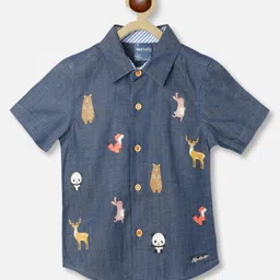 nautinati Nauti Nati Pure Cotton Half Sleeves Animals Printed Casual Shirt - Blue image 4