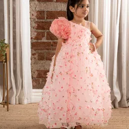 Ministitch One Shoulder Ruffled & Seamless 3D Flowers And Butterflies Embellished & Dobby Work Detailed Fit & Flare Ball Gown - Peach image 5