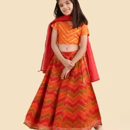 Fabindia Girls Orange Printed Cotton Silk Blend Flared Lehenga Choli And Dupatta Set-image-77