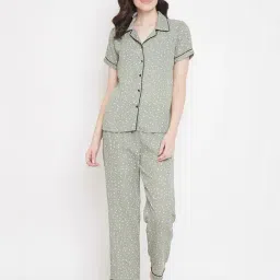 Clovia Sage Green Printed Shirt With Pyjamas-picture-11