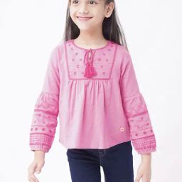 Ed-a-Mamma Kids Pink Cotton Embroidered Full Sleeves Top-picture-0