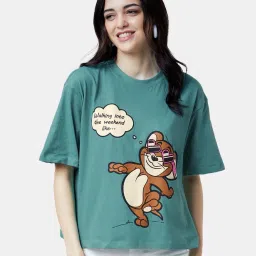 The Souled Store Green Tom And Jerry: Weekend Printed Oversized T-Shirt image 1