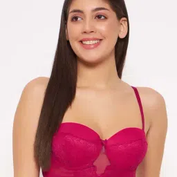 Clovia Pink Lace Work Demi Cup Bra-image-9