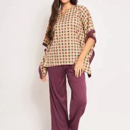 The Kaftan Company Yellow & Purple Cotton Printed Kaftan Pyjamas Set-picture-5