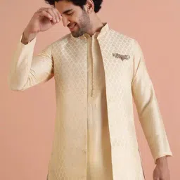 Kisah Beige Regular Fit Jacquard Kurta Set With Jacket image 5
