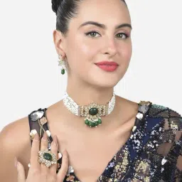 Zaveri Pearls Green Stones & Beads Multistrand Choker Necklace Earring & Ring Set-ZPFK15201-picture-27