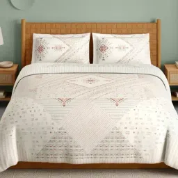 Spaces Aztec Cream Cotton Geometric 210 TC Double Bedsheet with 2 Pillow Covers-picture-13