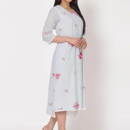 Rangriti Grey & White Cotton Printed A-Line Dress image 4