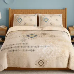 Spaces Aztec Beige Cotton Geometric 210 TC Double Bedsheet with 2 Pillow Covers-image-85