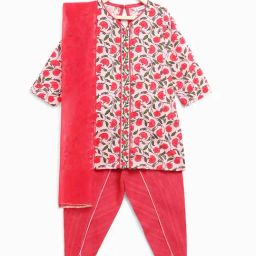 Campana Kids Pink & Red Floral Print Kurta, Dhoti with Dupatta-picture-1
