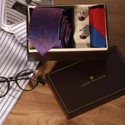 Louis Philippe Navy & Red Embroidered Tie with Pocket Square & Cufflinks-image-10