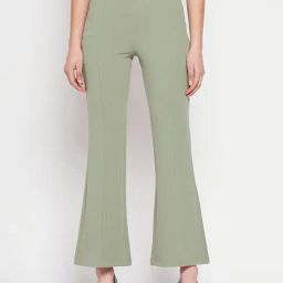 MADAME Sage Green Flared Fit Mid Rise Trousers-picture-12