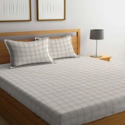 Klotthe Checks Beige 300 TC Cotton Blend Double Elastic Fitted Sheet with 2 Pillow Covers-picture-40