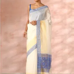 Taneira Off-White & Blue Cotton Silk Woven Saree With Unstitched Blouse-picture-21