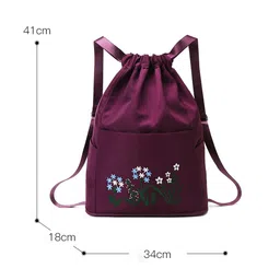 myheart Waterproof Drawstring Gym Backpack Embroidery Lightweight Oxford Shoulders Bag Travel Bag for Women (Grape Purple) image 5