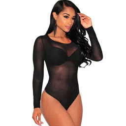 ysabeloom Women's Sheer Mesh Long Sleeve Bodysuit, Black -, XXL, Black -, 2X Grande image 1