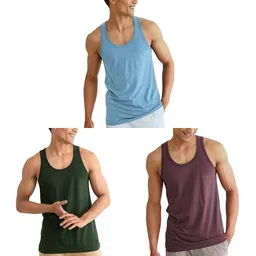 damensch Men's Neo-Cotton Ribbed Regular Fit Vest in Better Blue and Antibacterial Vests in Garden Green and Mineral Maroon (Pack of 1, Size Medium). image 1