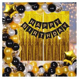 Bubble Trouble Happy Birthday Decoration Kit Pack of 61 Combo with 2 Pcs Gold Fringe Foil Curtains 1 Pc Black Banner 1 Pc Arch 50 Pcs Black Gold Silver Balloons for Kids Birthday Decoration Items-picture-14