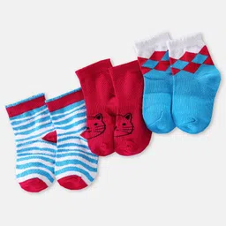 Doodle Poodle Cotton Knit Ankle Length Striped & Cat DesignedSocks Pack of 3 -Blue & Red-picture-17