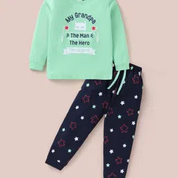 Mini Donuts Cotton Knit Full Sleeves T-Shirt & Lounge Pants Set With Text Print - Sea Green-picture-11