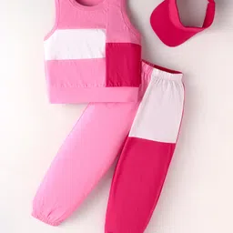 Tiara Sleeveless Cotton Jersey Colour Blocked Tee With Coordinating Joggers & Cap - Pink-picture-10